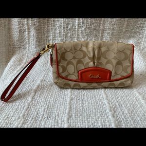 Coach Canvas Natural Snap Clutch with Coral Accent